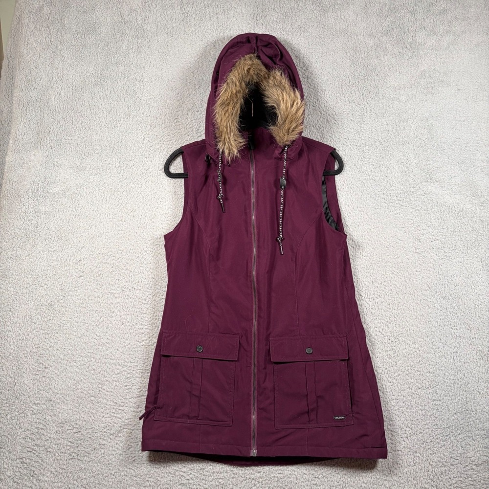 Volcom Women's Longhorn Insulated Water Repellent Vest‎ Hooded Faux Fur Sz Small